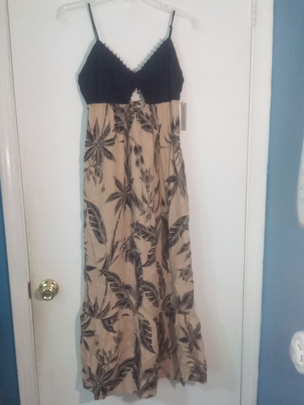 * A New Day Midi Dress with Black Bodice Tan Floral Skirt Small NWT $40 Beading